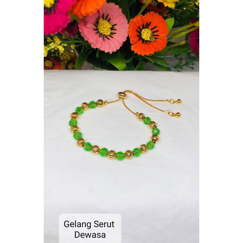 gelang serut kombinasi permata hijau dan titanium lapis emas 24k