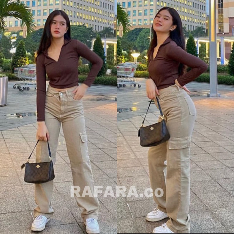 RAFARA - Loose Jeans Cargo Import Panjang Polos Kantong Kargo Cewek Cewe Perempuan Outfit Rekomendas
