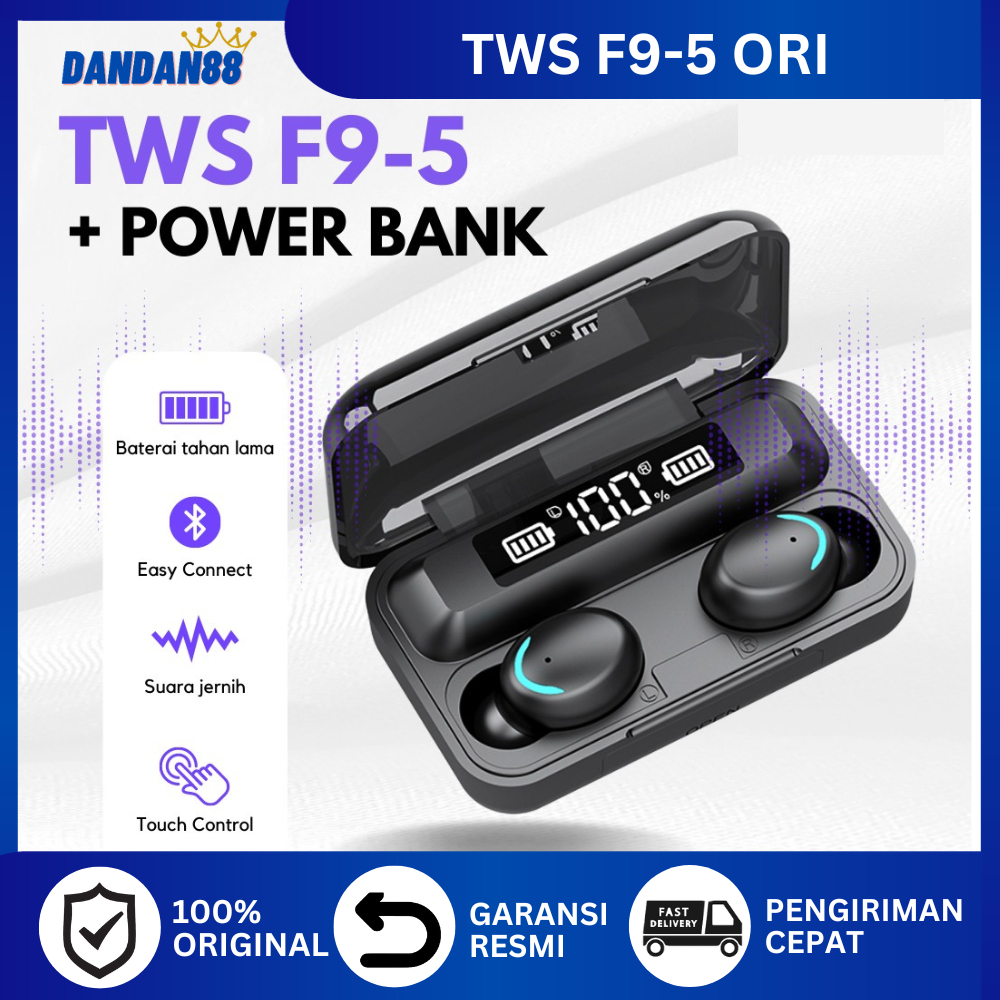 Headset Earphone Tws F9-5 bluetooth Wireless Robot powerbank Tanpa Kabel Super Bass Original 100