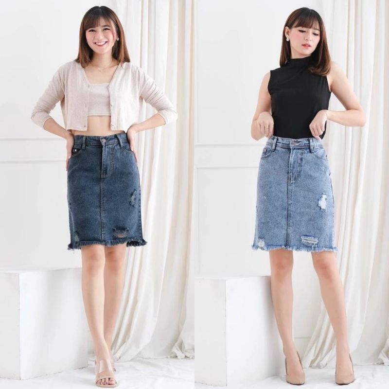 RokJeansMurah - HIGHWAIST ROK JEANS SPAN RIPPED RAWIS