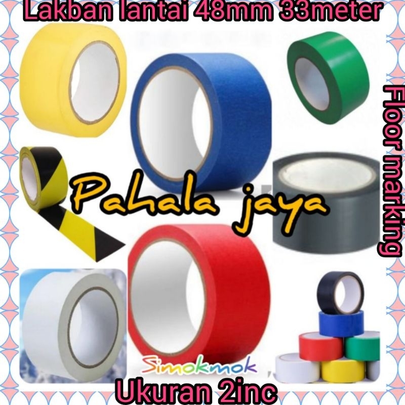 Lakban lantai 2 inc 48mm x 33meter, warna Kuning, Merah, Hijau, Biru, Putih ,hitam, Kuning hitam