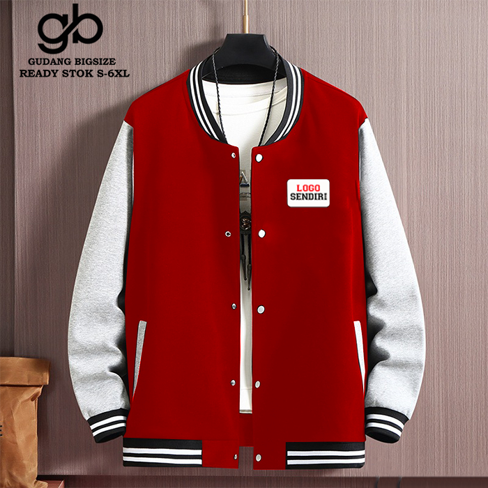 JAKET BOMBER VARSITY MERAH POLOS CUSTOM LOGO S-6XL.JAKET BOMBER VARSITY
