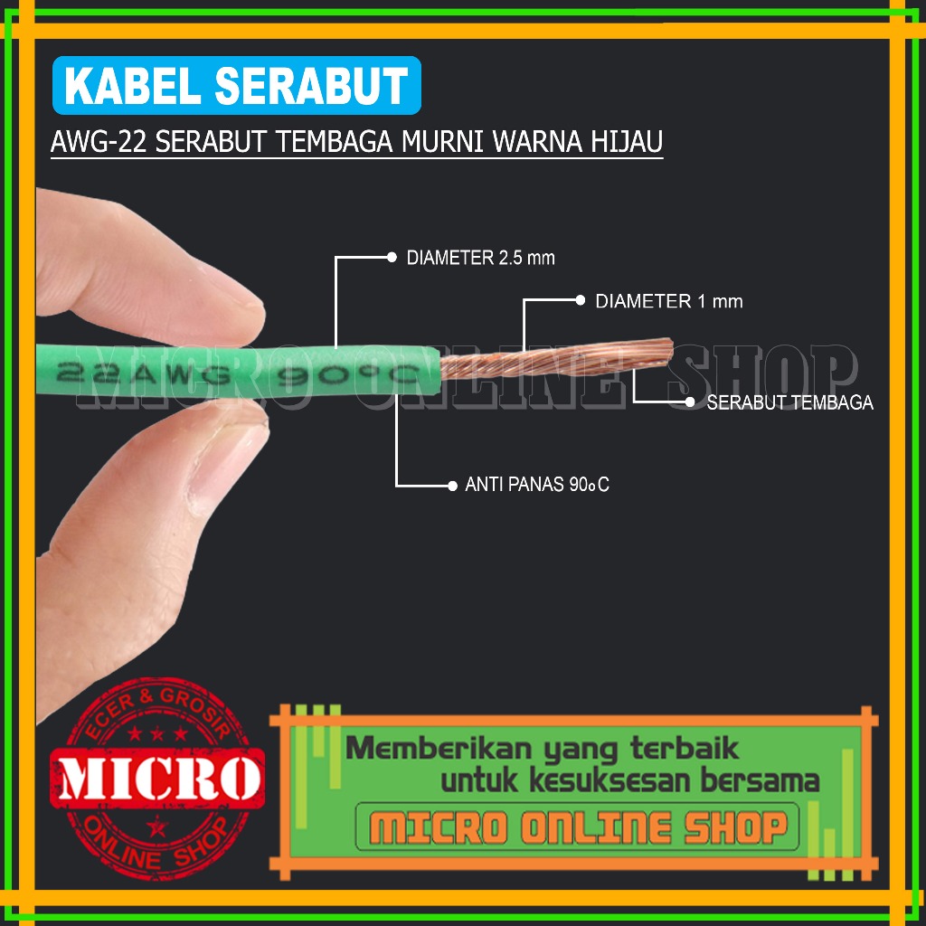 PAKET 3 METER Kabel Serabut AWG-22 Hijau / Kabel Kelistrikan Motor Mobil / Kabel AWG Serabut Tembaga