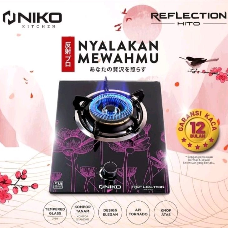 KOMPOR GAS STOVE NIKO REFLECTION HITO 1 SATU TUNGKU KACA MOTIF BUNGA FLOWER PERMUKAAN TEMPERED GLASS