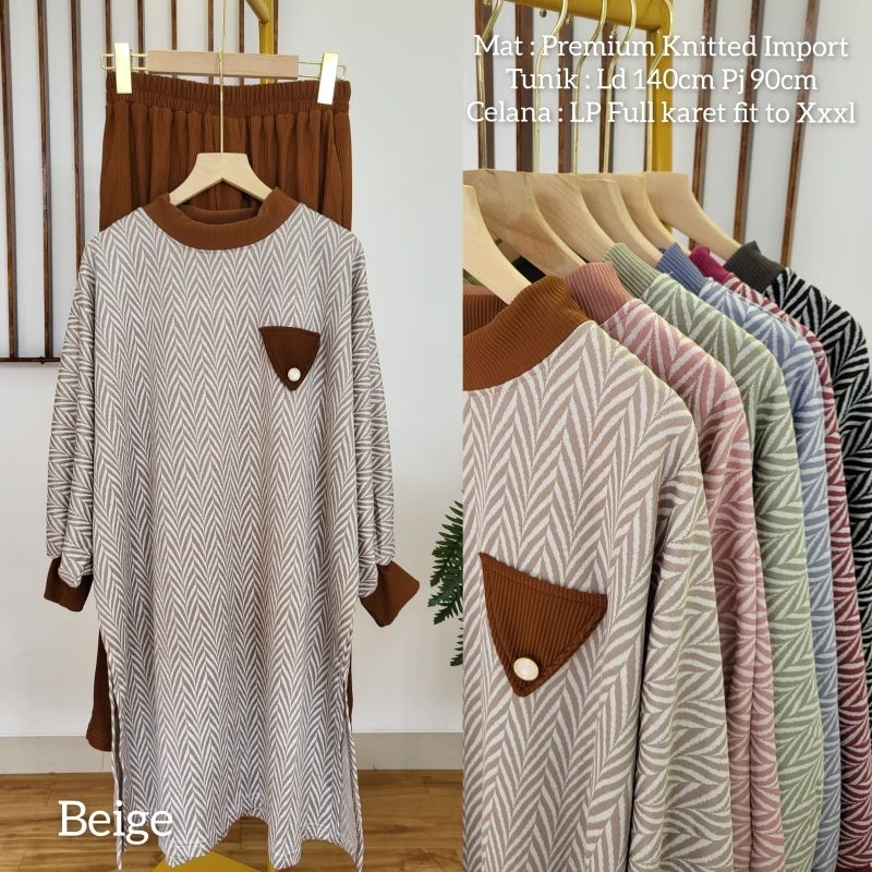 Setelan Wanita Modela Tunik Dan Celana Bahan Knit Premium Import Ld 140cm