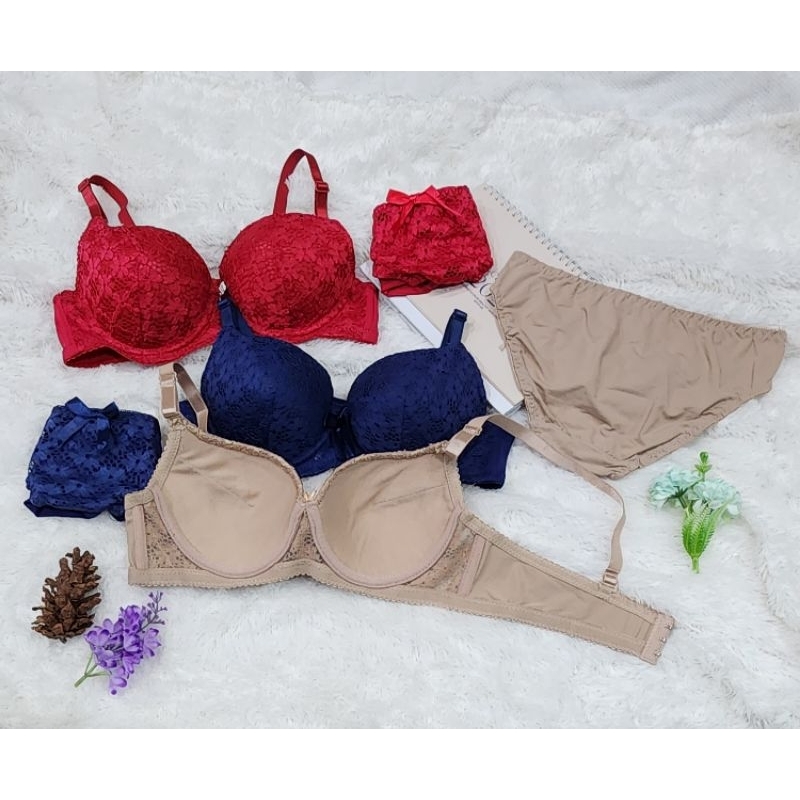 Bra Set Kawat Busa Sedang Kait 3 Motif Renda Cup B size 34-38 #8210