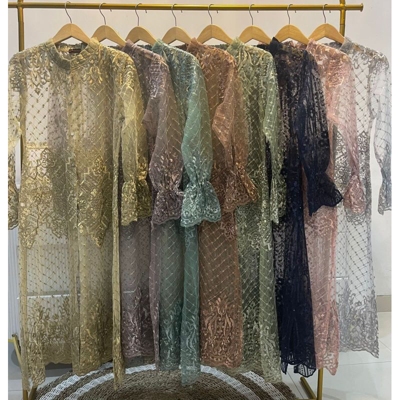 OUTER BROKAT BAHAN TILLE SAPTO PREMIUM / OUTER KEBAYA LEPAS PASANG / OUTER BRUKAT GAMIS REYNA DRESS 