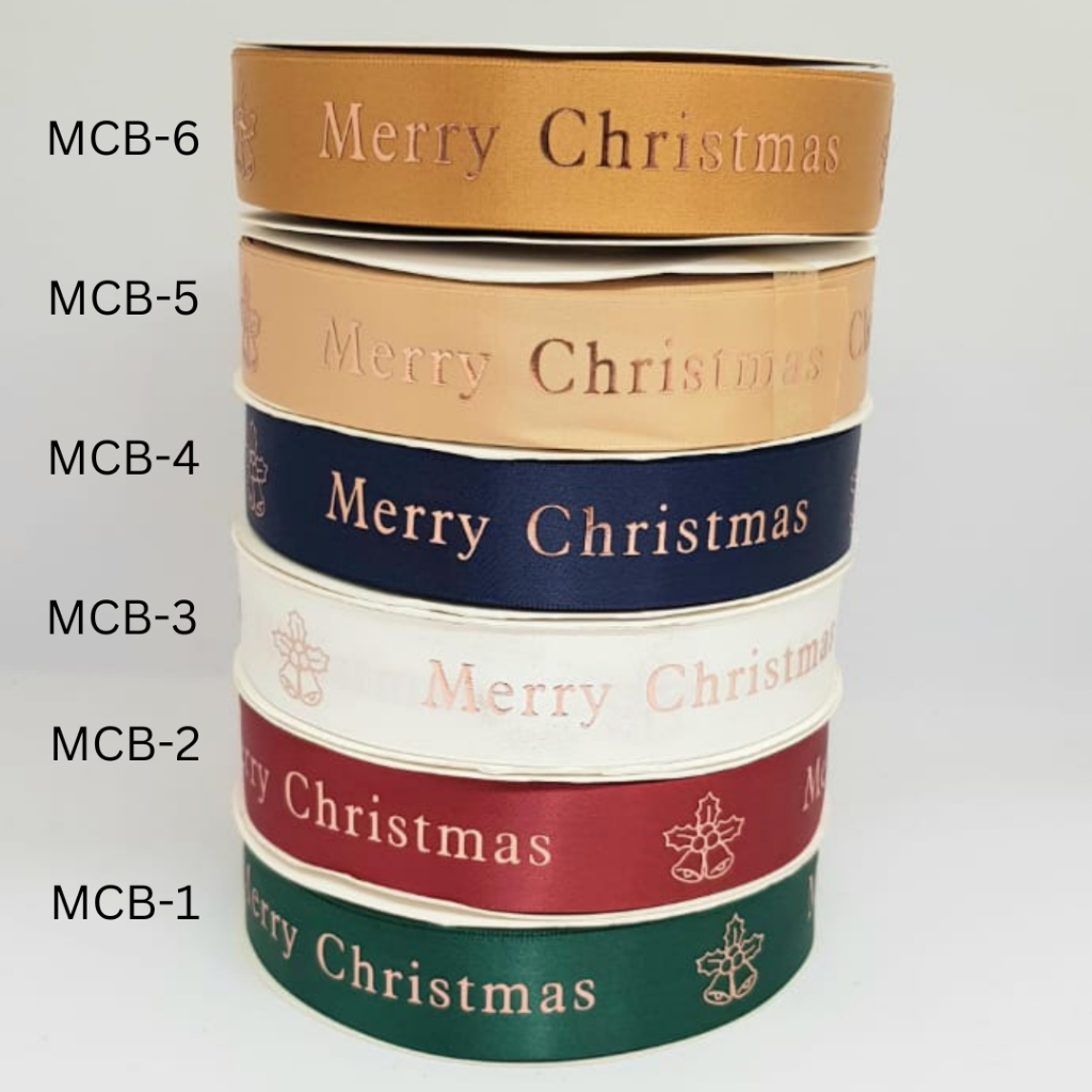 

(1 Roll) Pita Satin Taiwan Natal ±2.5cm x 50 Yard Motif Timbul Lonceng Merry Christmas Elegan Hiasan Kado Hampers Bouquet