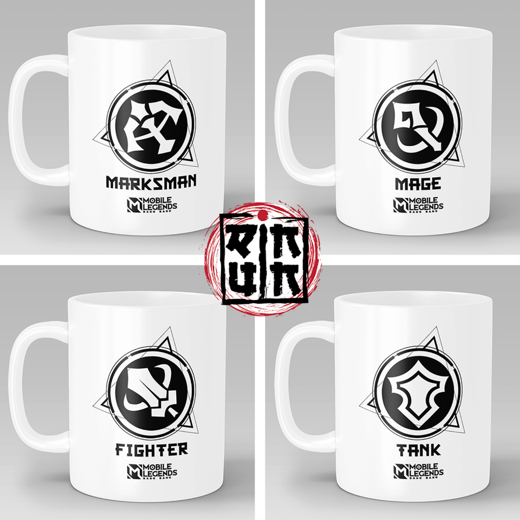 Gelas Cangkir Mug Putih Keramik Mobile Legends Emblem Role Mage, Marksman, Tank, Fighter, Support, A