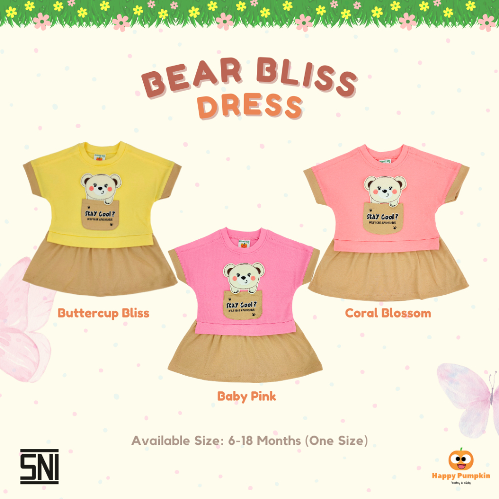 Happy Pumpkin Kids Dress Anak Perempuan Bear Bliss Dress Usia 6-18 Bulan