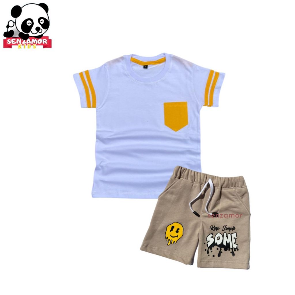 Denjo-SETELAN BAJU KAOS LENGAN PENDEK ANAK LAKI-LAKI S M L XL 3XL STRIPE POCKET PUTIH COTTON COMBET 30S