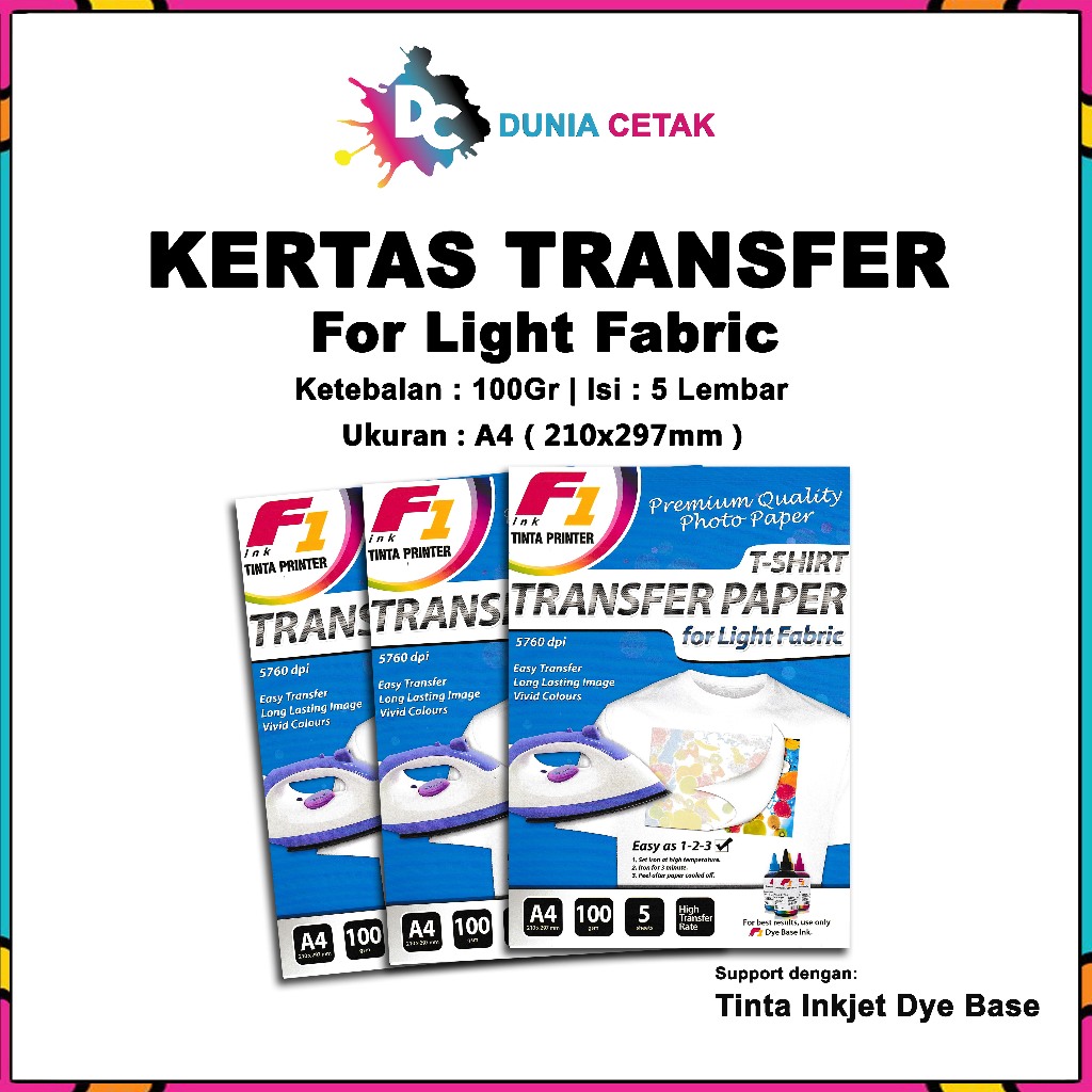 

Kertas Transfer Paper Light for Pabric / Kaos Putih A4 isi 5 Sheet