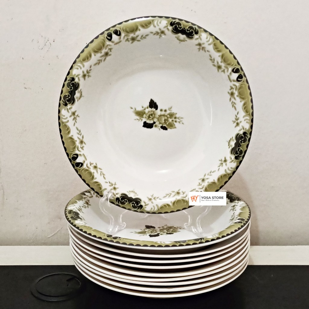 Piring Makan Cekung Keramik Porcelain KPO Green Peony 23cm - 6 Pc Merk Kedaung