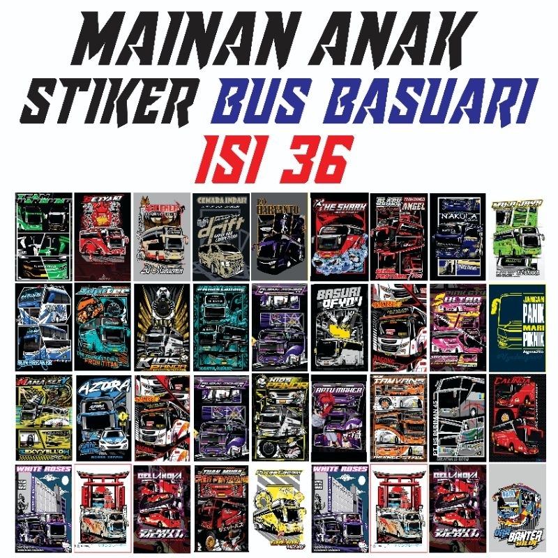 

stiker bus basuari viral stiker mainan anak motor,mobil dan truk oleng isi 36 gambar