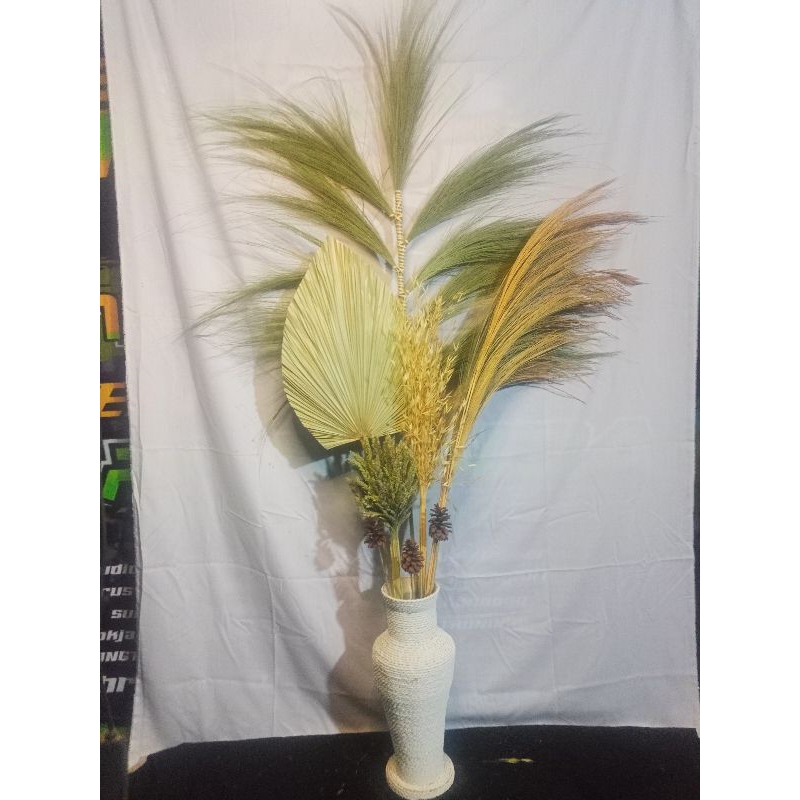 PAKET LENGKAP DAUN PALEM /RAYUNG STIK BUNGA KERING /VAS40CM