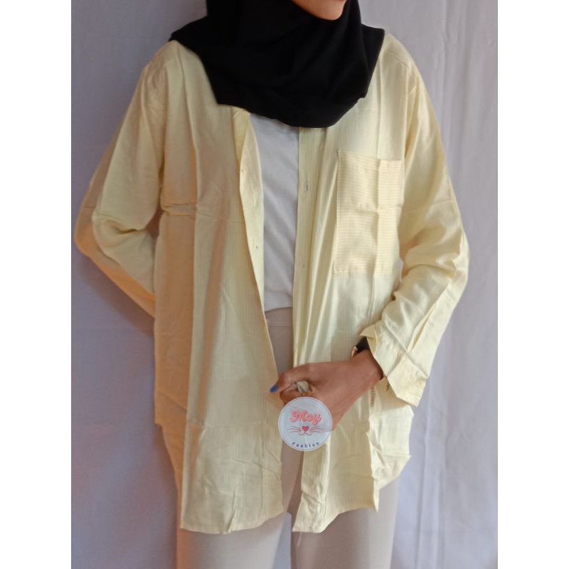 Kemeja Rayon Wanita Motif Salur Kuning / Atasan Wanita Motif Salur Katun Rayon / Kemeja Motif Garis 
