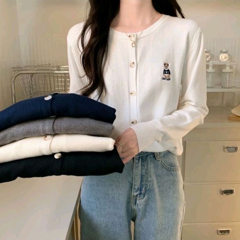 Cardigan lengan panjang soft knit bahan halus logo full  bordir bear beruang import premium new