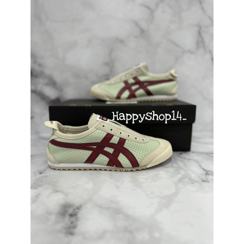 Sepatu Onitsuka Slip On Leather Cream Maroon Free Kaos Kaki