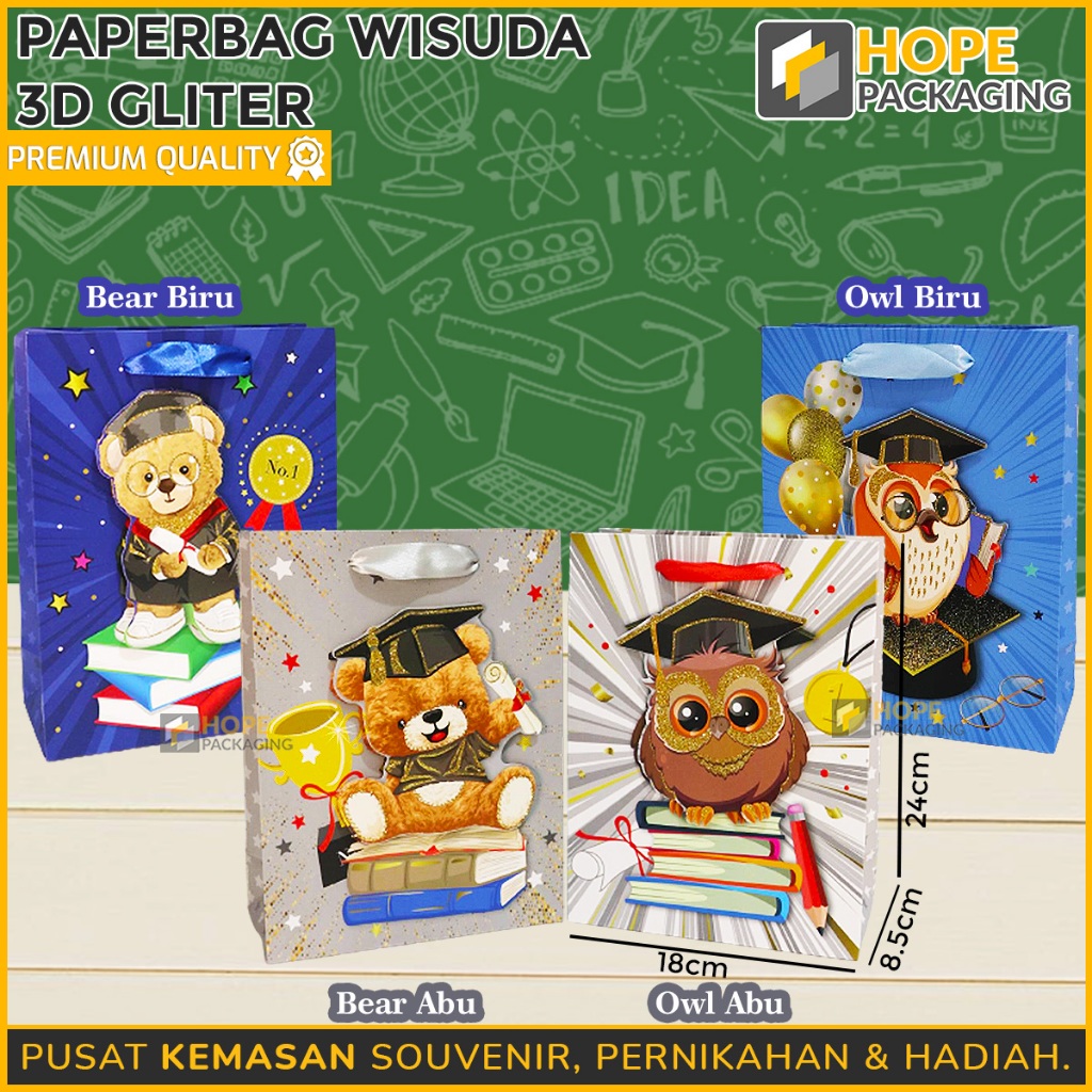 

Paper Bag Kantong Kertas 3D Wisuda / Paper Bag Glitter Topi Toga / Tas Kado / Goodie Bag Bingkisan Hampers / Paper Bag Tas Hadiah Graduation / Tote Bag Motif Boneka
