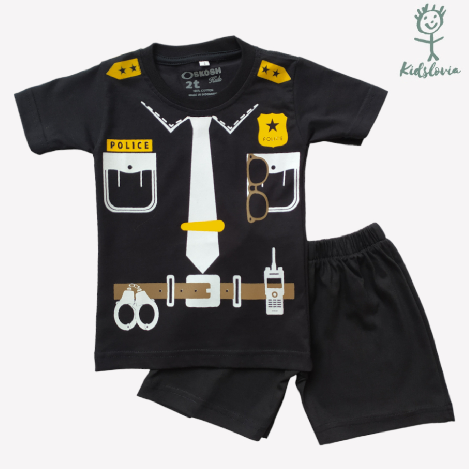 Setelan Kaos Anak / Baju Anak / Pakaian Anak Laki Laki Motif Polisi dan Celana Pendek Anak