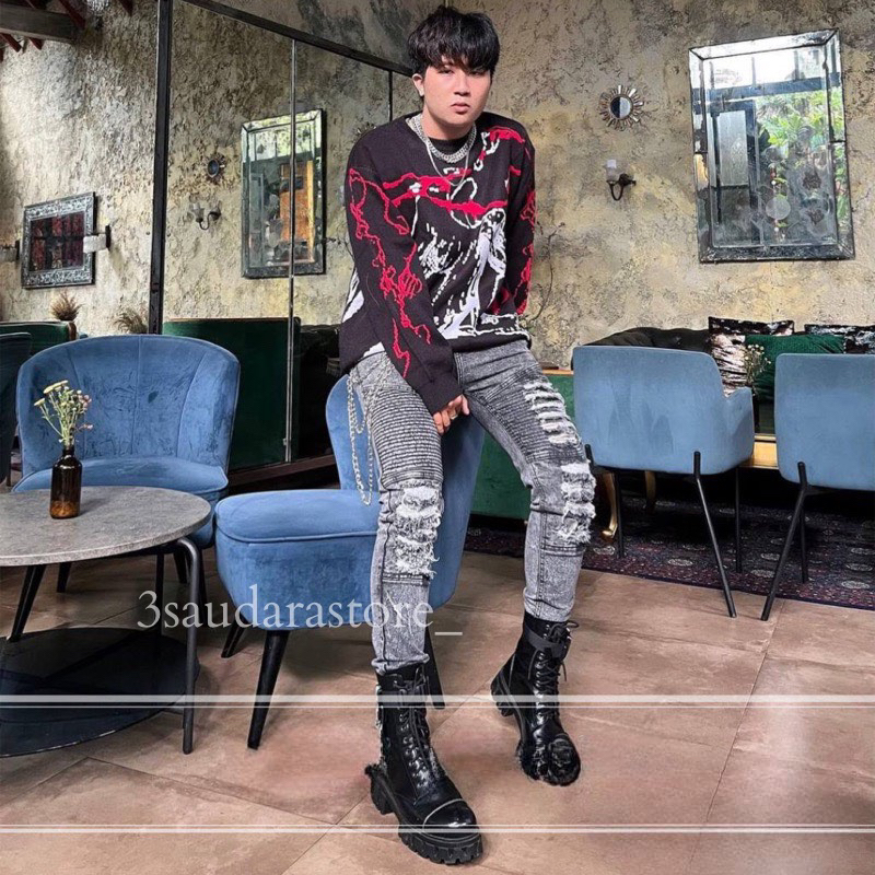 Celana Jeans sobek pria-Ripped Jeans-Celana jeans slimfit pria motif sobek ripped