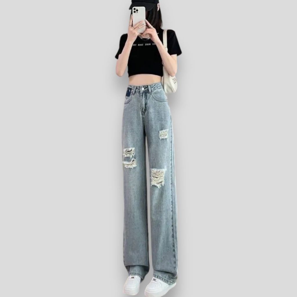 Celana Jeans Wanita Sobek Highwaist Jeans Kulot Import Premium Jeans Ripped Korean Style