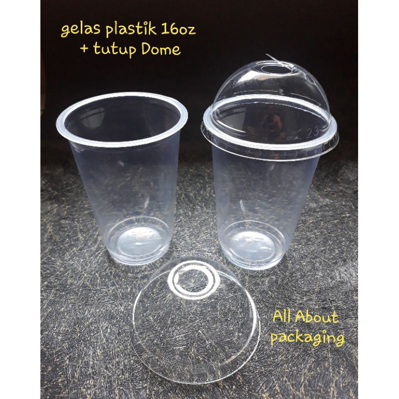 cup pp 16oz +Lid Dome / Gelas plastik uk. 16oz + tutup datar polycup