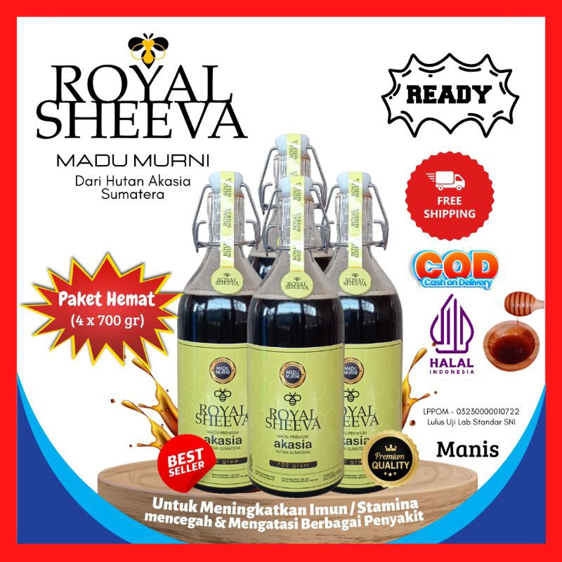 

bundle madu murni royal sheeva madu premium hutan akasia sumatera 4 botol 700 gr halal mui paket hemat lulus uji lab