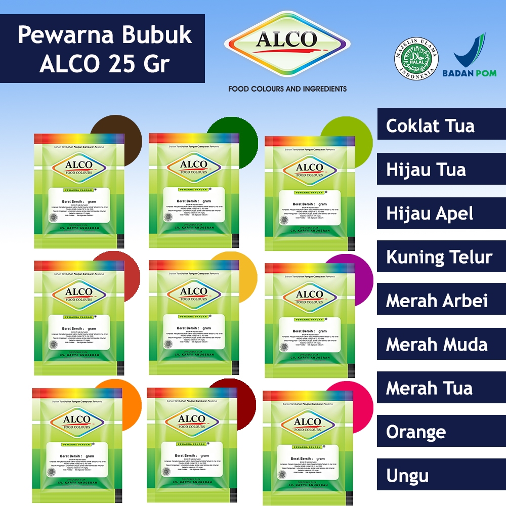 

Pewarna Makanan Minuman Kue Bubuk ALCO 25 gr Ecer