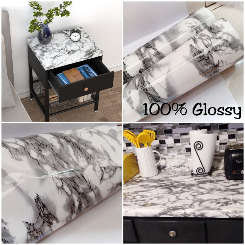 60CM X 5 METER 100% GLOSSY MENGKILAP Wallpaper sticker MARMER ABU ABSTRAK stiker perabot lemari rak 