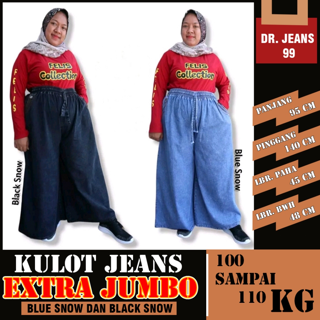 Kulot Jeans EXTRA JUMBO Muat BB 100 Sampai 110 KG/Celana Jins Bigsize Oversize Besar Warna Blue Blac