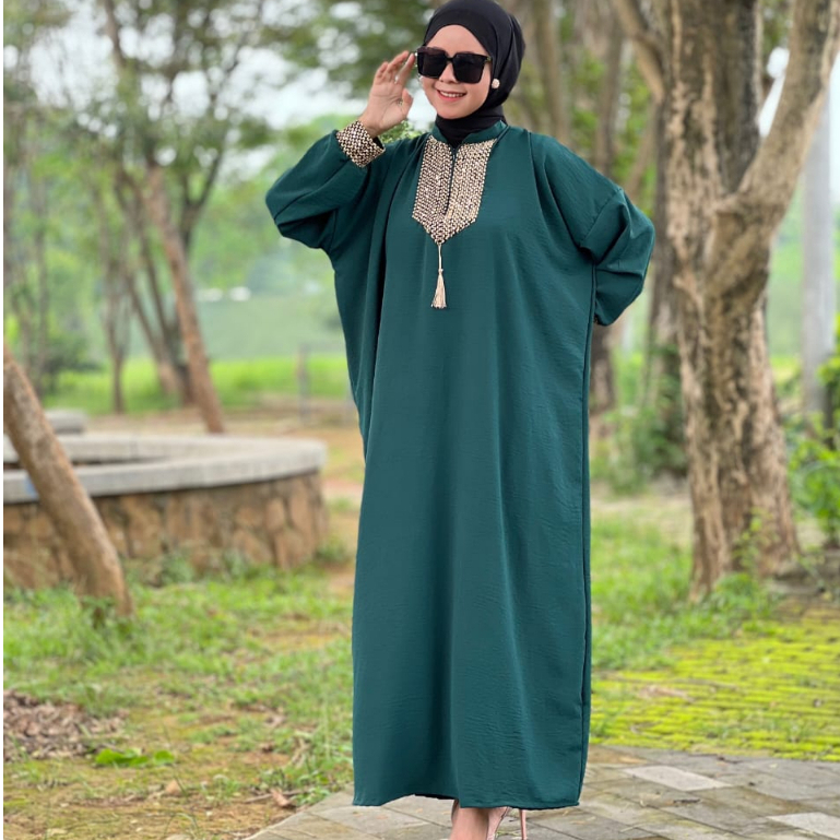 Gamis Sultan Renda Kringkle Airflow Premium Dress Kaftan Arab Polos Simple Busui Friendly Hitam-4