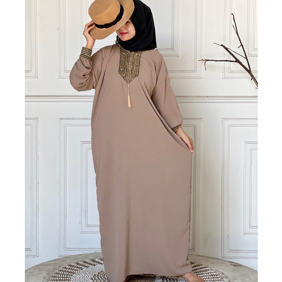 Gamis Sultan Renda Kringkle Airflow Premium Dress Kaftan Arab Polos Simple Busui Friendly Hitam-Khaki Kaftan