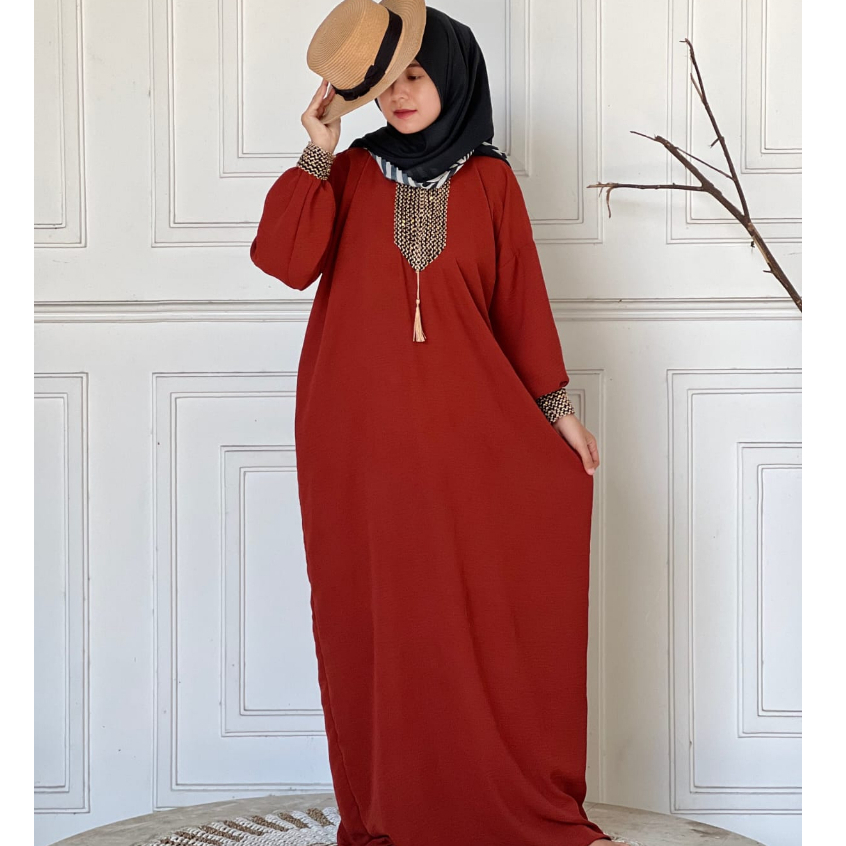 Gamis Sultan Renda Kringkle Airflow Premium Dress Kaftan Arab Polos Simple Busui Friendly Hitam-Teracotta Kaftan