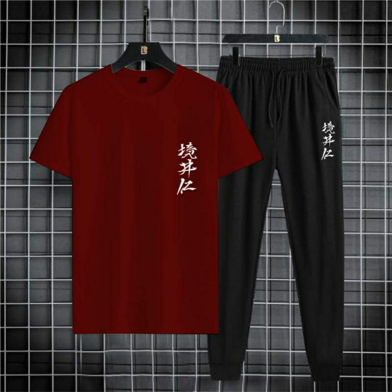 Setelan Pria Logo Kanji Terbaru II Set Kaos Celana Jogger Pria II Setelan Pria Kaos Jogger Trendy