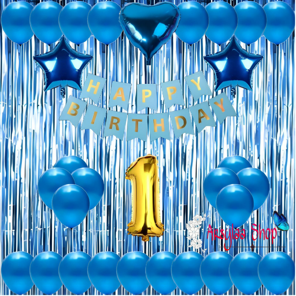 Paket Dekorasi Ulang Tahun Anak Dan Dewasa Cewek Cowok Banner Segilima Biru Balon Metalik Sewarna