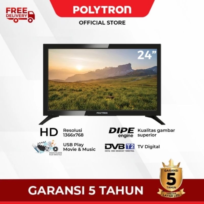 TV LED 24 Inch Polytron Digital DVB -T2  PLD-24V1853 HD TV Original Garansi Resmi
