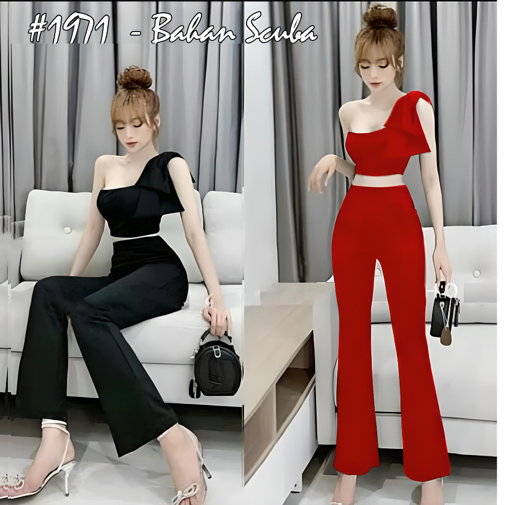 1971 Set lyla - Setelan Celana Panjang & Atasan Croptop Scuba Stretch - Ukuran M - Warna Hitam Merah