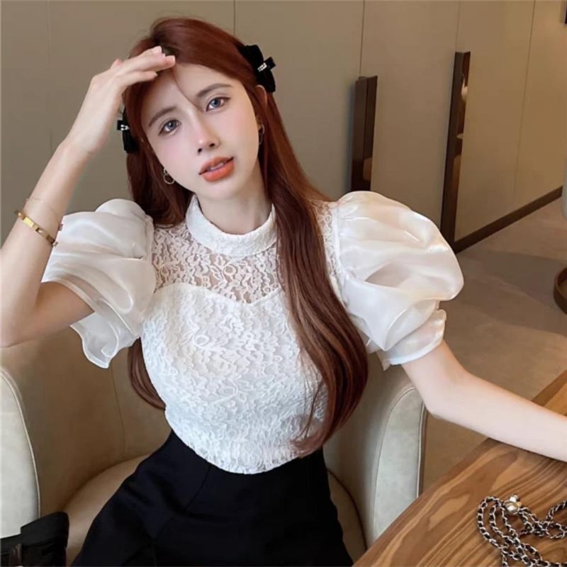 2272 Atasan baju blus blouse kemeja lengan pendek balon ballon baloon Lace renda gaya Korea terlaris