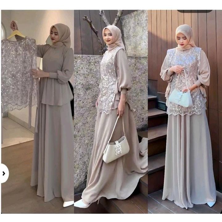 Gamis Set Outer Cintya Set Brukat WD Bahan Kain Ceruty Babydoll Full Puring Mix Brukat Size M L XL X