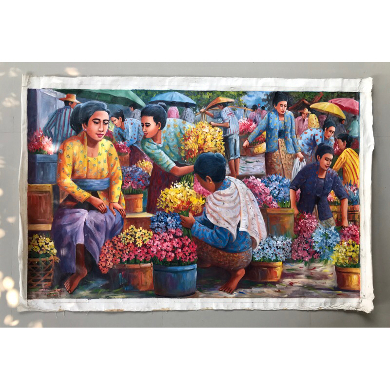 Lukisan Pasar Bunga, Ukuran 135 x 85 cm, Lukisan Bali, Lukisan Kanvas, Hiasan Dinding, 100% Buatan T