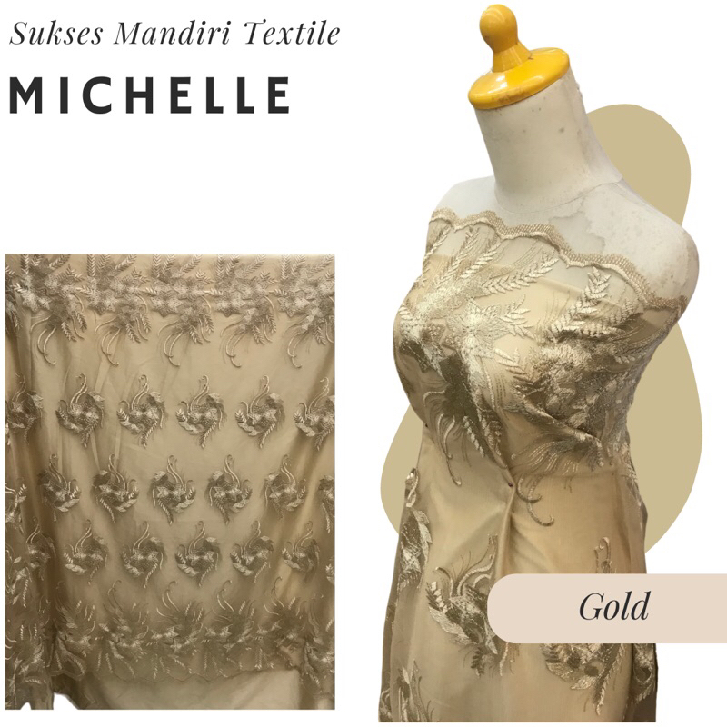 [MICHELLE] Tile tulle brokat brukat bunga warna Gold, Harga per 1/2 meter = 50 cm BAHAN KAIN BRUKAT 