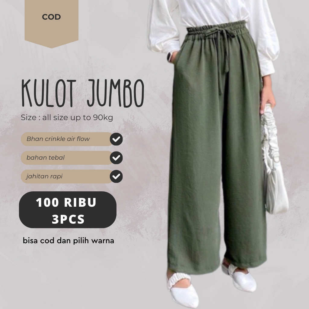 paket bundling 100 ribu 3 pcs kulot jumbo wanita. kulot rubby highwaist terbaru