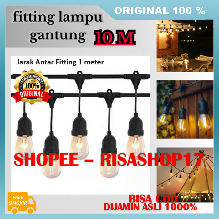 Kabel Fiting Lampu Cafe Gantung 10M Dekorasi Outdoor Fitting Lampu Hias Cafe 100% ASLI