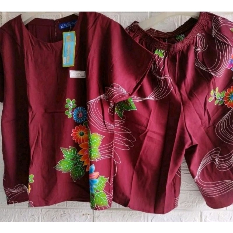 SETELAN CELANA KULOT BATIK KENCANA UNGU LABEL BIRU