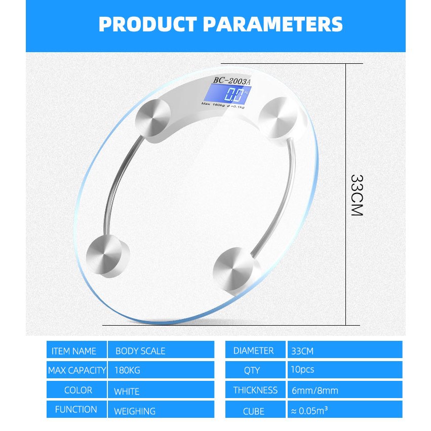 Timbangan Badan Digital Bundar Kaca Tebal Maksimal 180KG Digital Glass Body Weight Scale LCD Display
