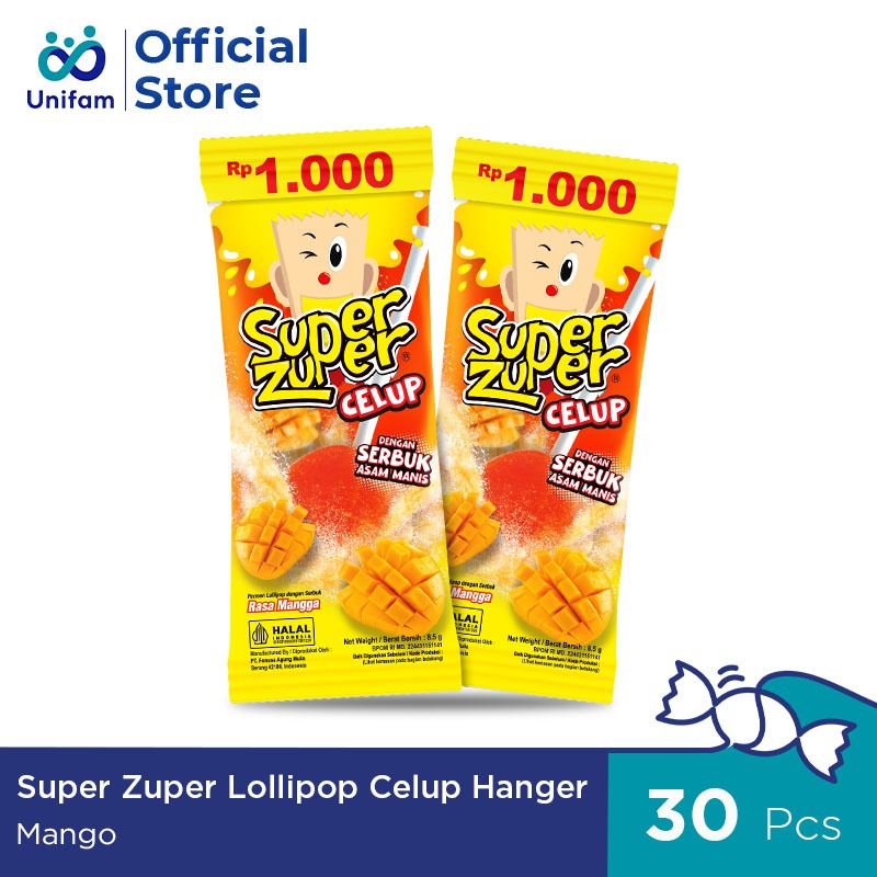 

Super Zuper Permen Lolipop Asam Celup Serbuk Buah - Sour Candy Hanger 1 Bag (Isi 30Pcs) @8.5 Gram - Mangga