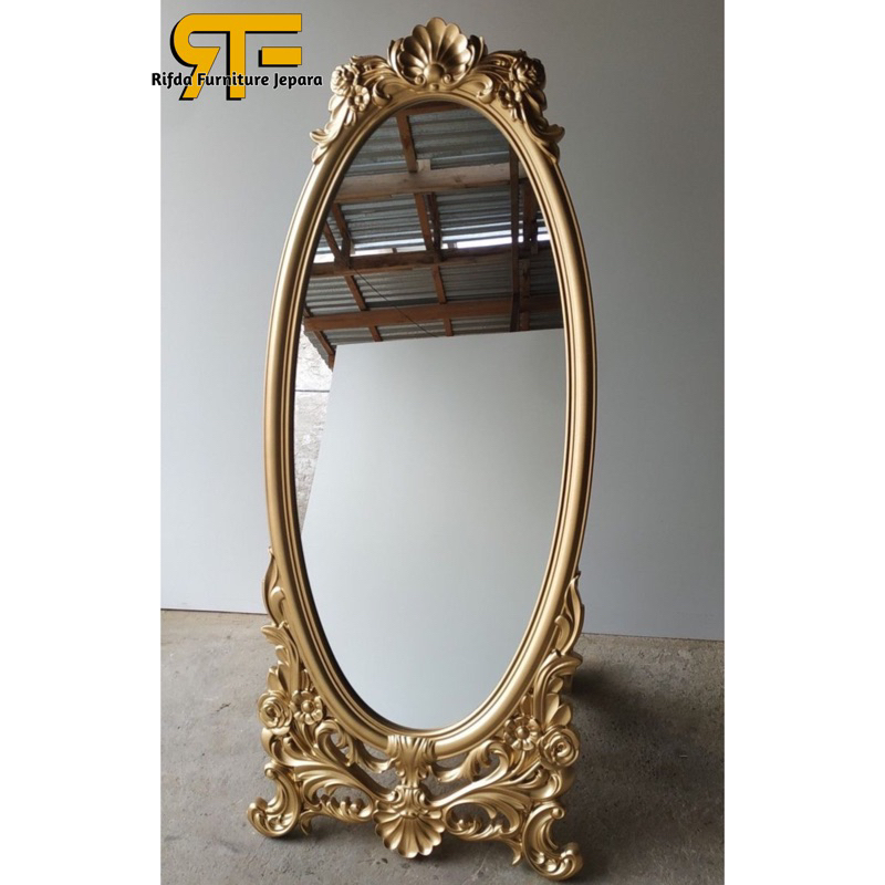 Cermin Oval Full Body Ukur Jati gold
