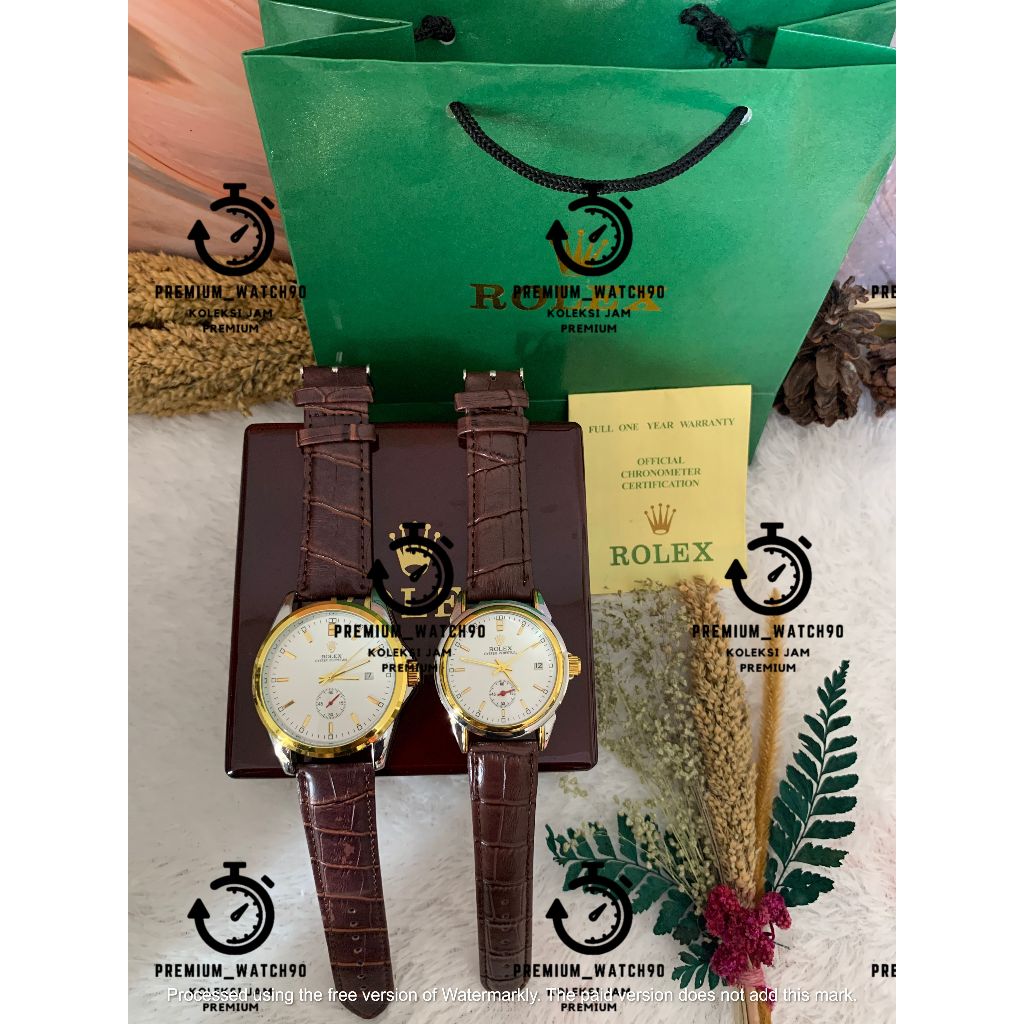FREE BOX KAYU Jam Tangan Rolex Kulit Couple Pria & Wanita Automatic Tanpa Baterai Tipe R672 BISA COD