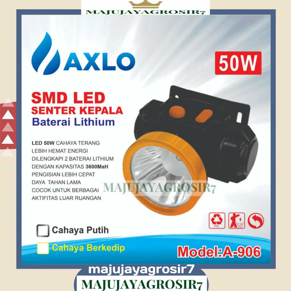 SENTER KEPALA AXLO A-906 / SMD LED SENTER KEPALA BATERAI LITHIUM LED 50W / SENTER LAMPU KEPALA 50WAT